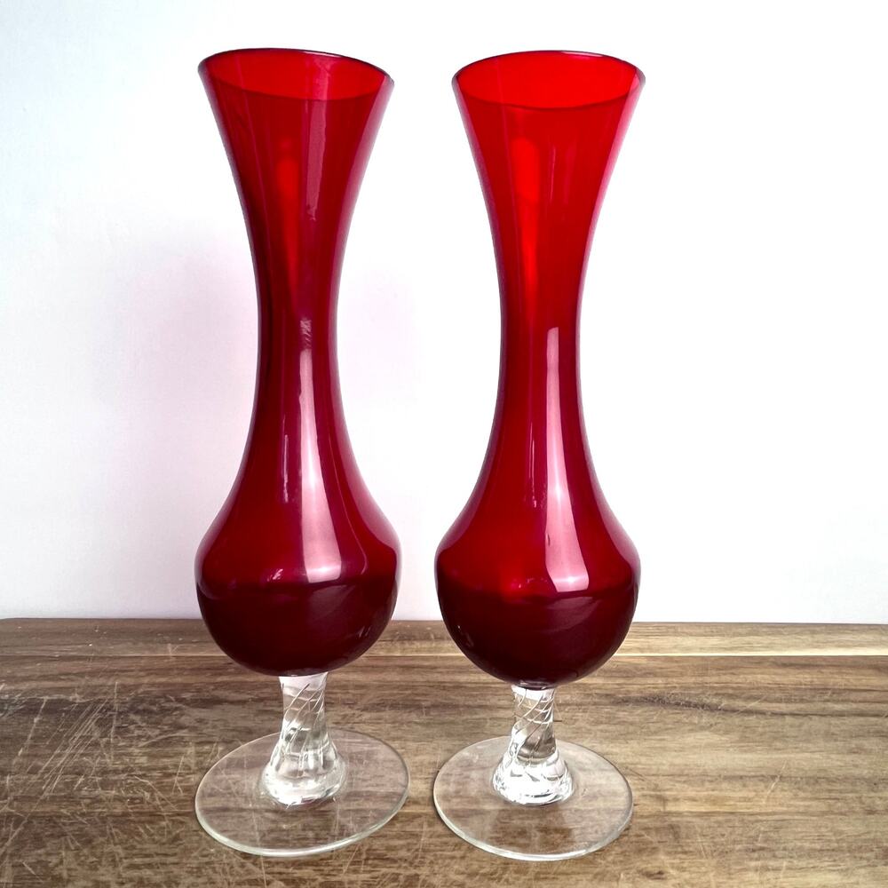 Pair of Vintage Mid-Century Ruby Red Bud Vases Basketweave Clear Stem Base 8"